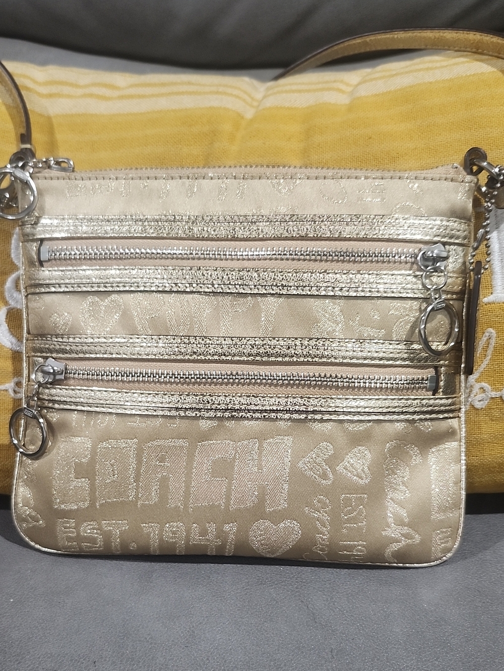 Coach POPPY Gold Metallic Signature Triple-Zip Crossbody